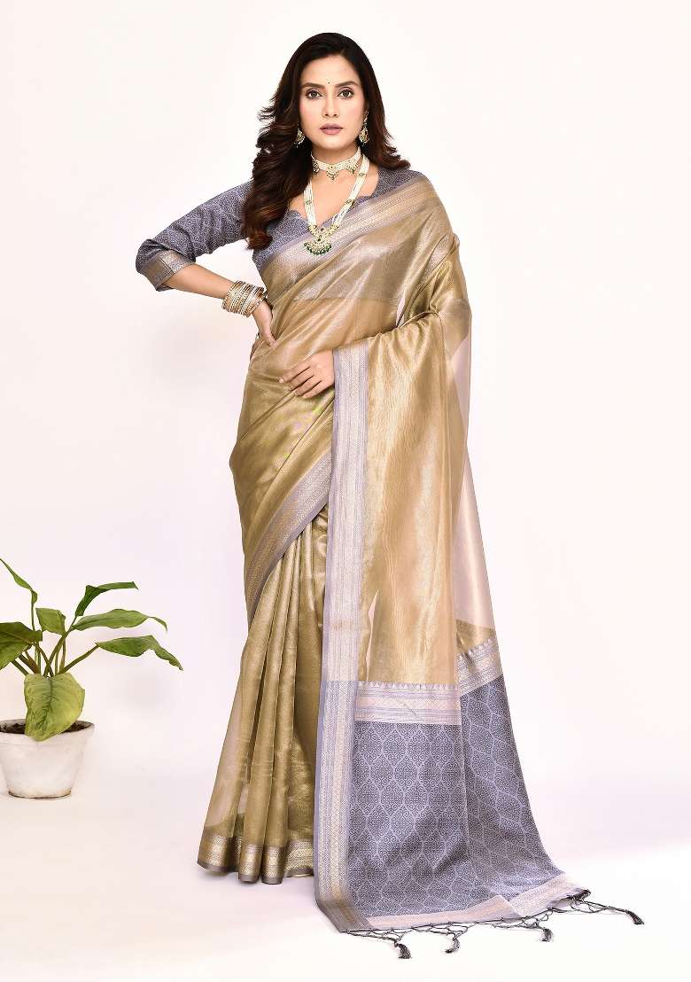 Grey Embroidered Silk Blend Saree Set for Diwali and Festive Wear - Indya
