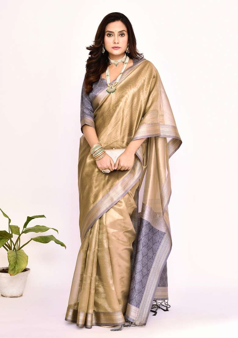Grey Embroidered Silk Blend Saree Set for Diwali and Festive Wear - Indya