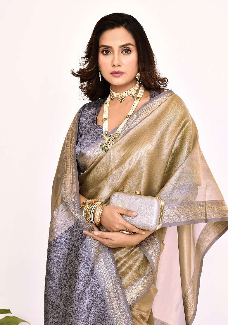 Grey Embroidered Silk Blend Saree Set for Diwali and Festive Wear - Indya