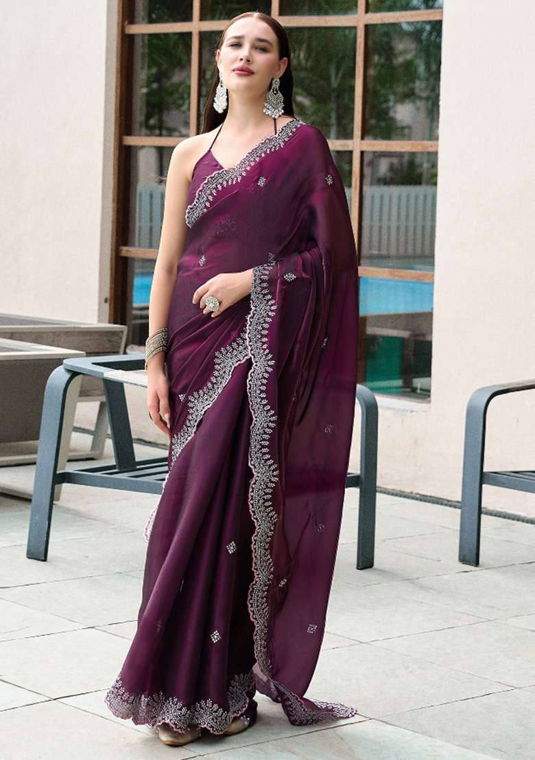 Wine Embroidered Silk Blend Saree Set for Diwali and Festive Wear - Indya