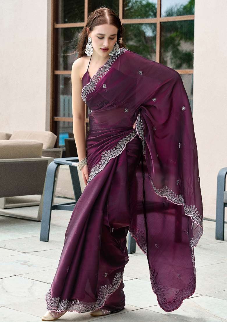 Wine Embroidered Silk Blend Saree Set for Diwali and Festive Wear - Indya