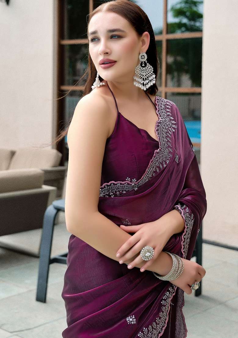 Wine Embroidered Silk Blend Saree Set for Diwali and Festive Wear - Indya
