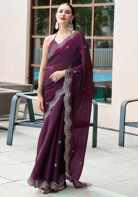 Wine Embroidered Silk Saree Set