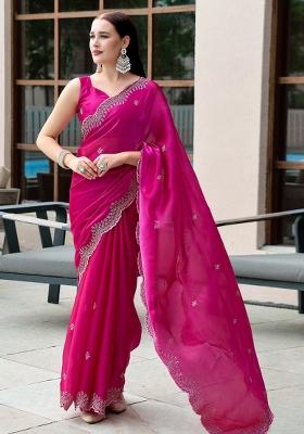 Hot Pink Embroidered Silk Saree Set