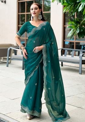 Teal Green Embroidered Silk Saree Set