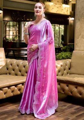 Baby Pink Embroidered Silk Saree Set