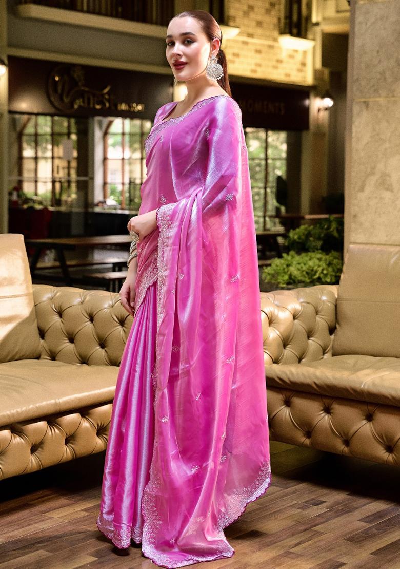 Baby Pink Embroidered Silk Saree Set - Indya