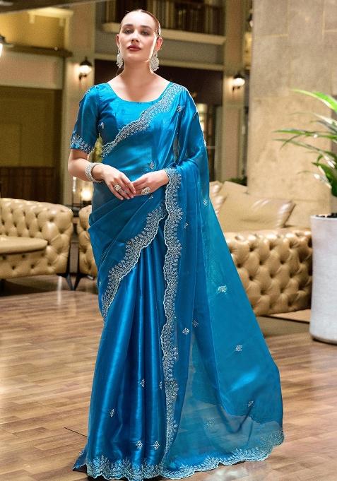 Sky Blue Embroidered Silk Saree Set
