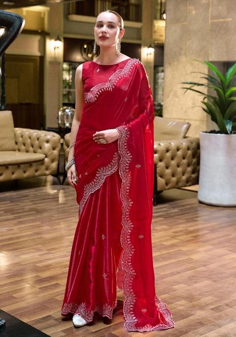 Red Embroidered Silk Saree Set