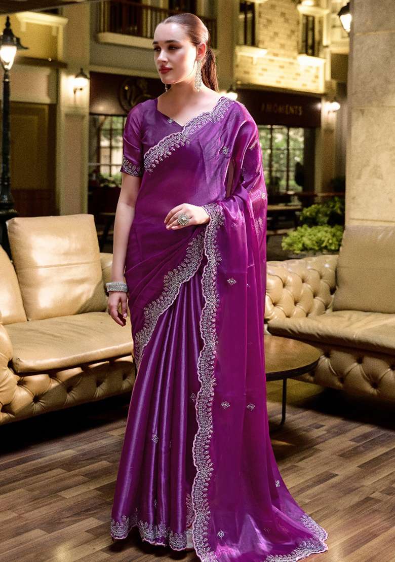 Purple Embroidered Silk Blend Saree Set for Diwali and Festive Wear - Indya