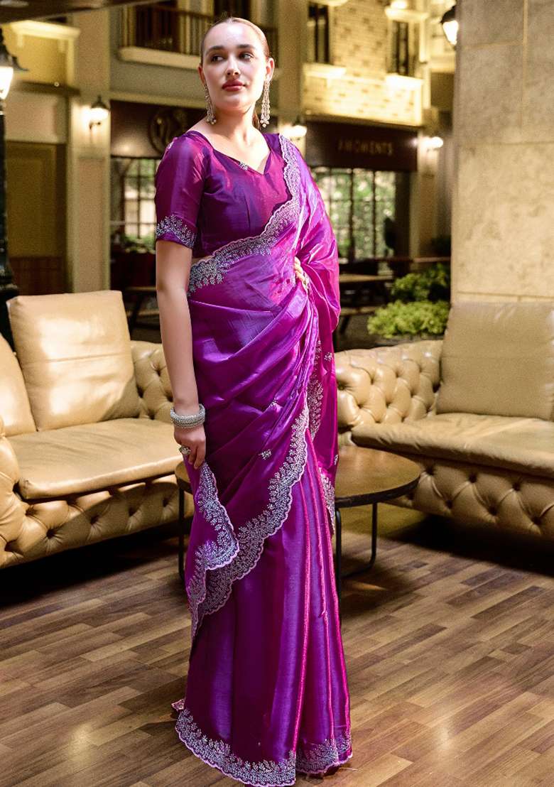 Purple Embroidered Silk Blend Saree Set for Diwali and Festive Wear - Indya