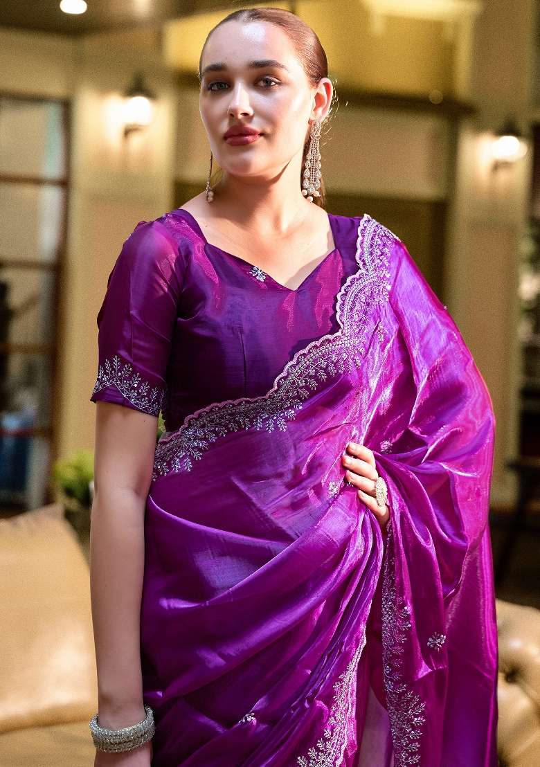Purple Embroidered Silk Blend Saree Set for Diwali and Festive Wear - Indya