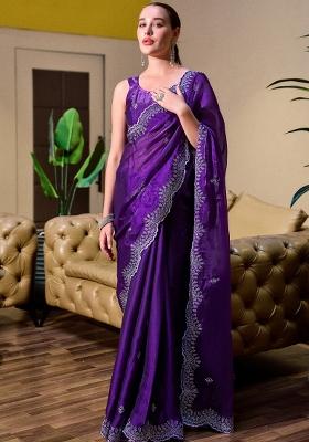 Violet Embroidered Silk Saree Set