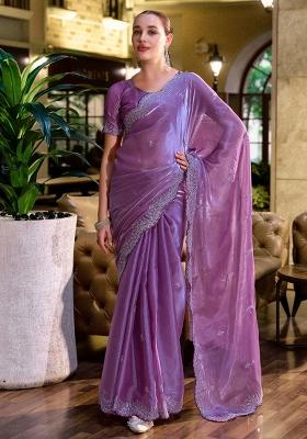 Lavender Embroidered Silk Saree Set