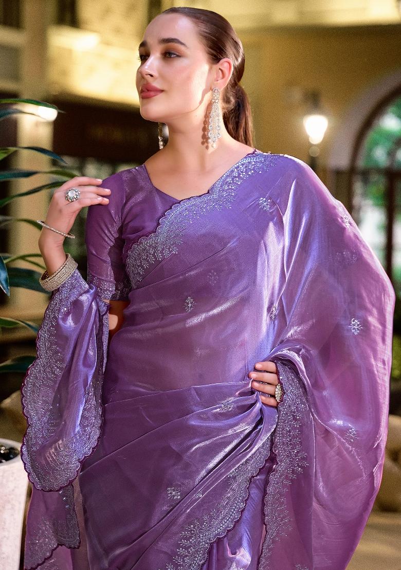 Lavender Embroidered Silk Saree Set