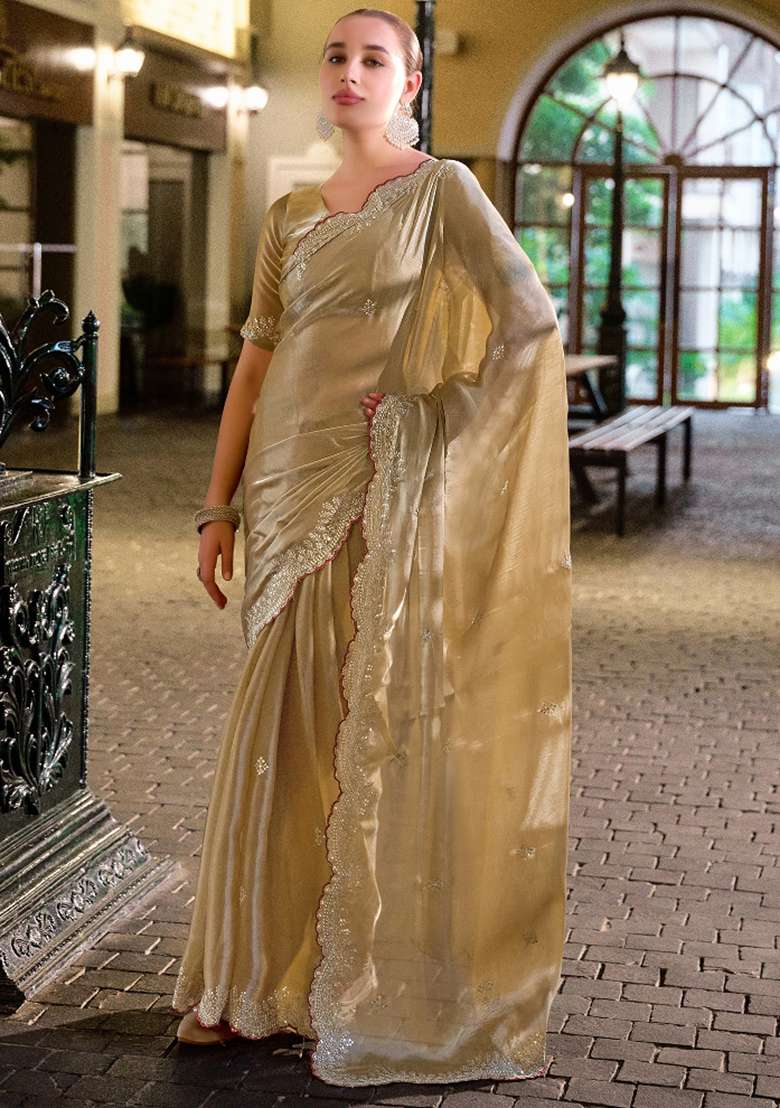 Ivory Embroidered Silk Saree Set - Indya
