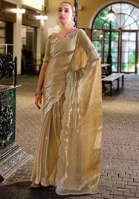 Ivory Embroidered Silk Saree Set