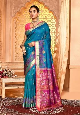 Royal Blue Embroidered Silk Saree Set