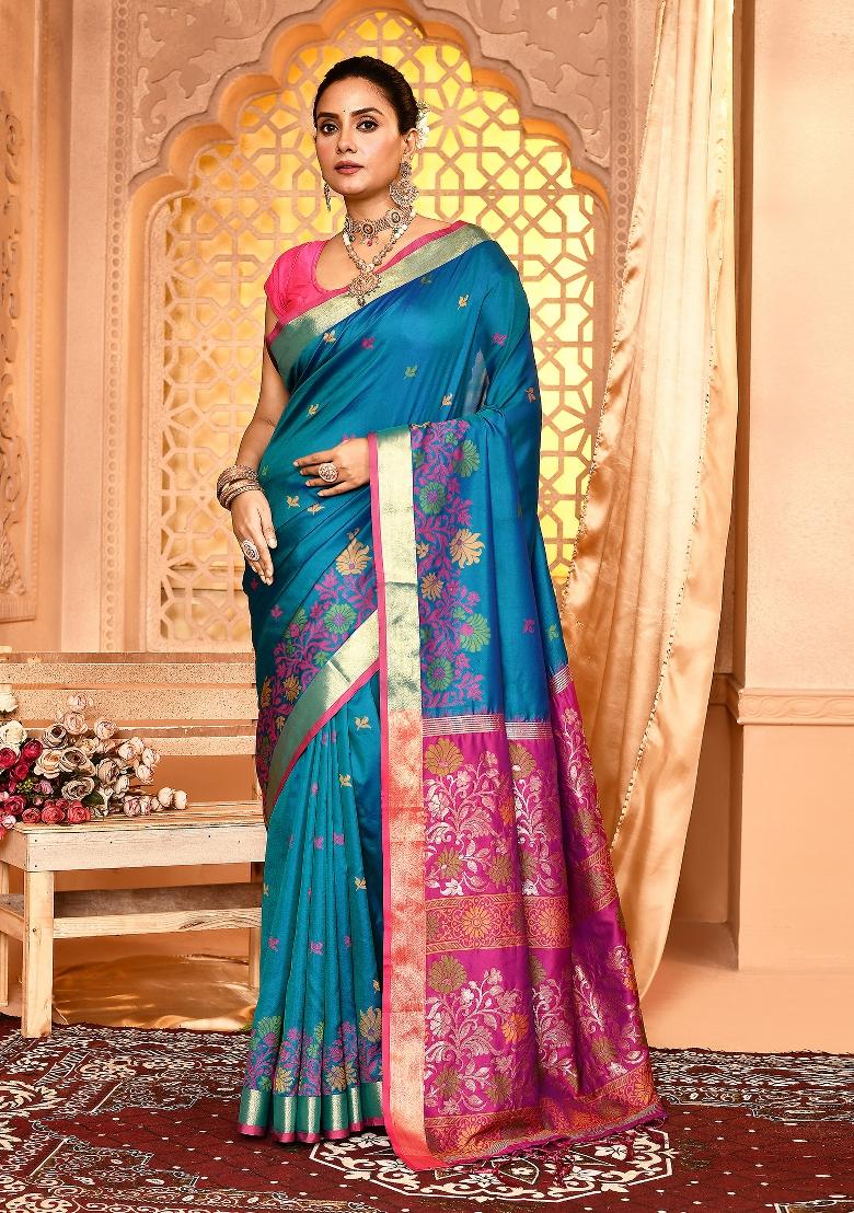 Royal Blue Embroidered Silk Saree Set