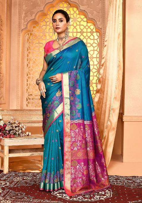 Royal Blue Embroidered Silk Saree Set