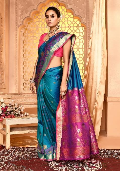 Royal Blue Embroidered Silk Saree Set