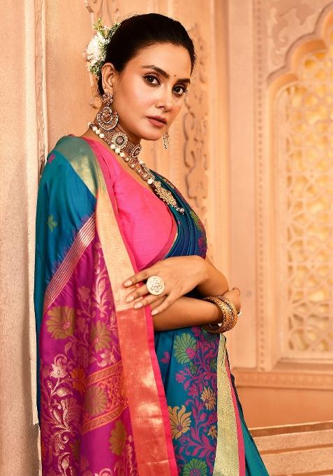 Royal Blue Embroidered Silk Saree Set