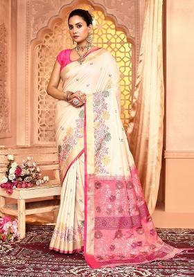 White Embroidered Silk Saree Set