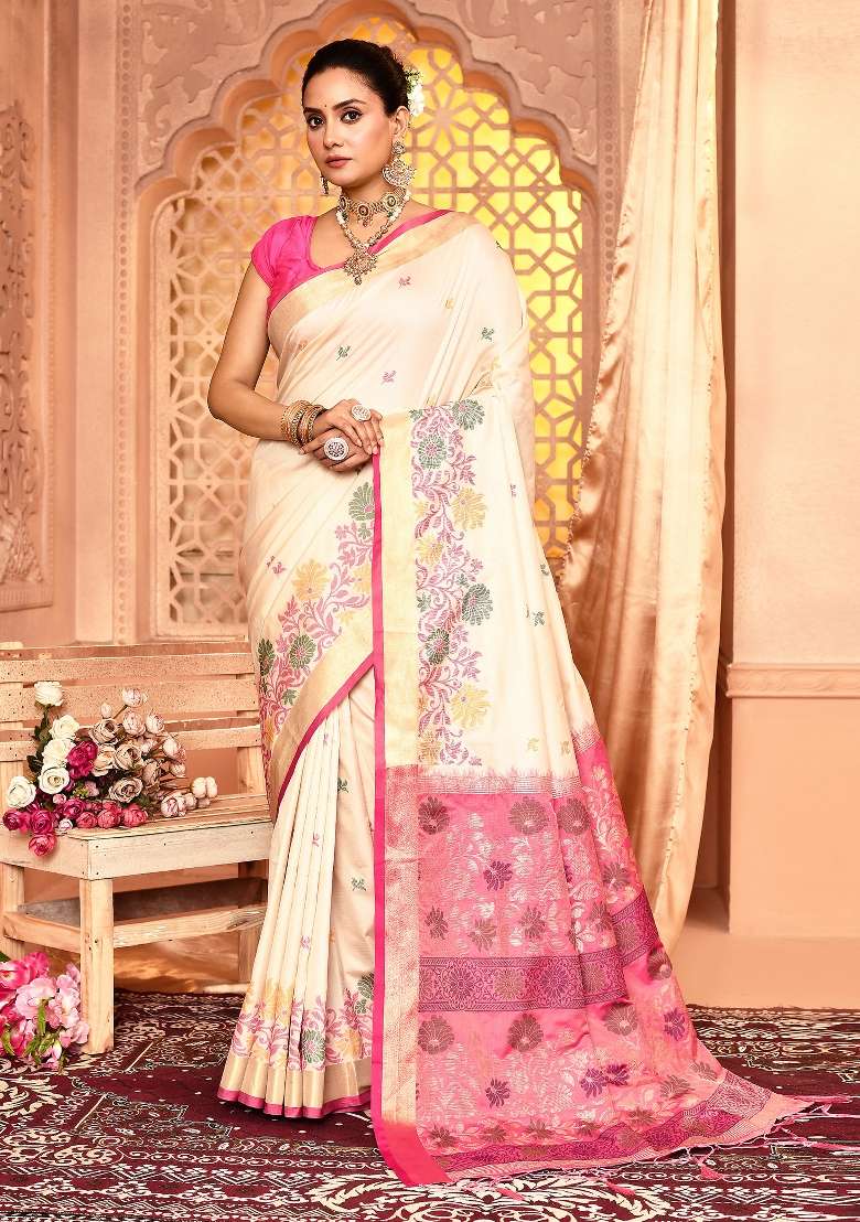 White Silk Blend Saree Set with Embroidered for Diwali | Wedding & Festive Wear - Indya
