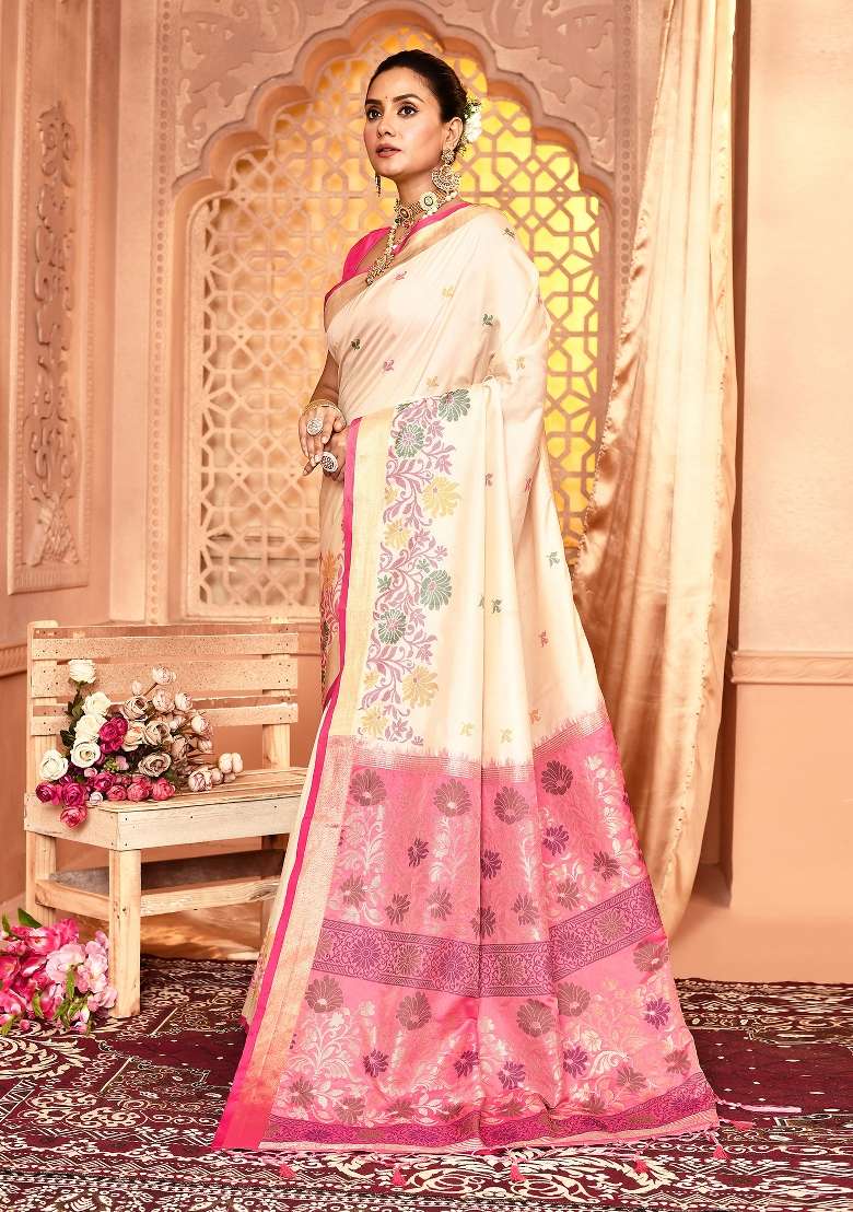 White Silk Blend Saree Set with Embroidered for Diwali | Wedding & Festive Wear - Indya