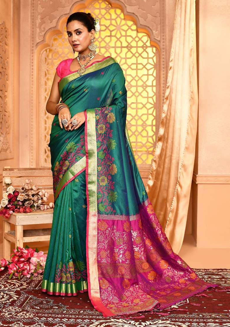 Dark Green Embroidered Silk Blend Saree Set for Diwali and Festive Wear - Indya