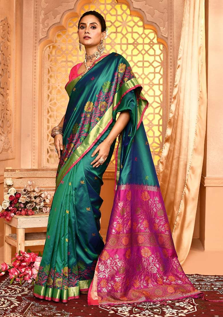 Dark Green Embroidered Silk Blend Saree Set for Diwali and Festive Wear - Indya