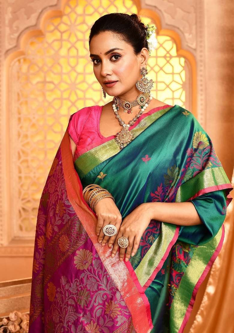 Dark Green Embroidered Silk Blend Saree Set for Diwali and Festive Wear - Indya