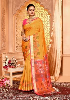 Mustard Embroidered Silk Saree Set