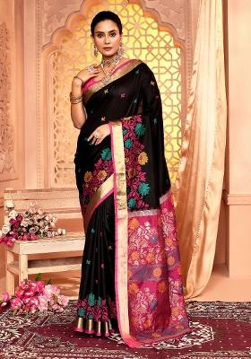Black Embroidered Silk Saree Set