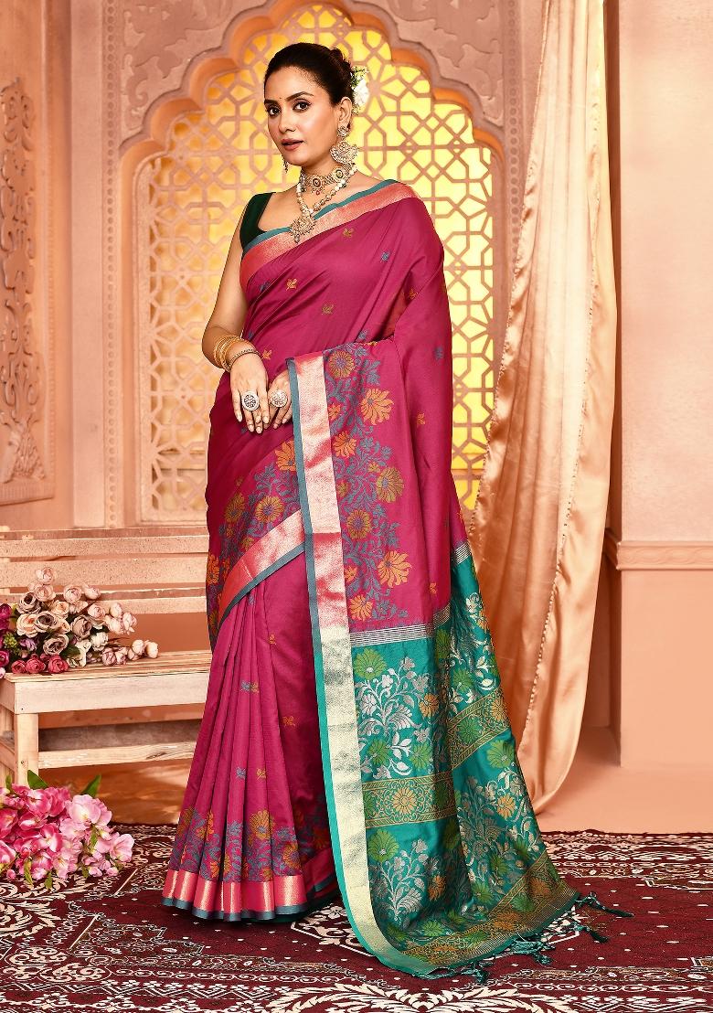 Magenta Embroidered Silk Saree Set