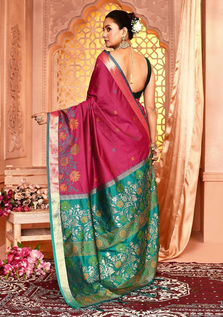 Magenta Embroidered Silk Saree Set