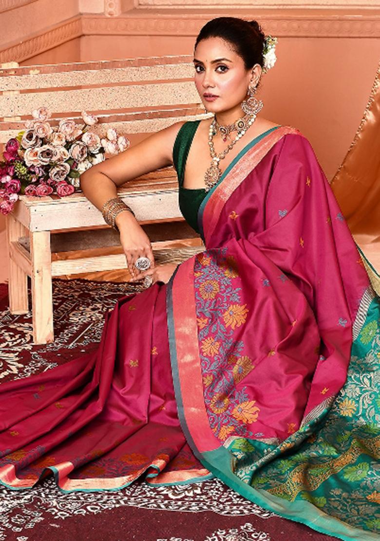 Magenta Embroidered Silk Saree Set