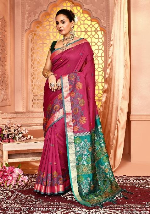 Magenta Embroidered Silk Saree Set
