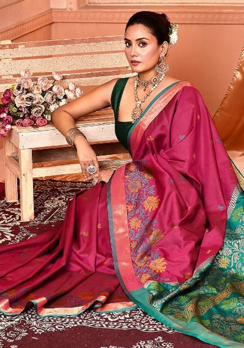 Magenta Embroidered Silk Saree Set