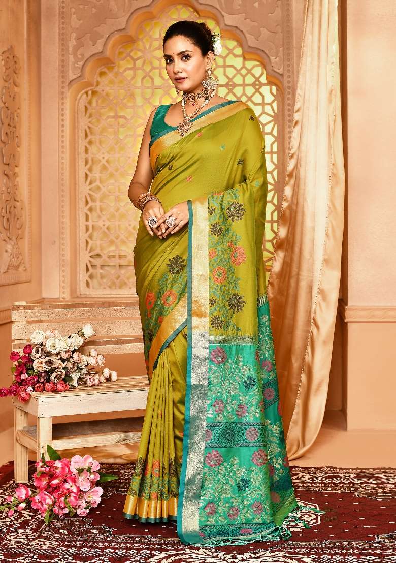 Light Green Embroidered Silk Blend Saree Set for Diwali and Festive Wear - Indya