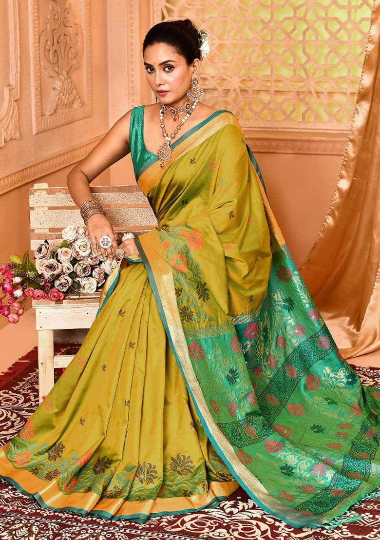 Light Green Embroidered Silk Blend Saree Set for Diwali and Festive Wear - Indya