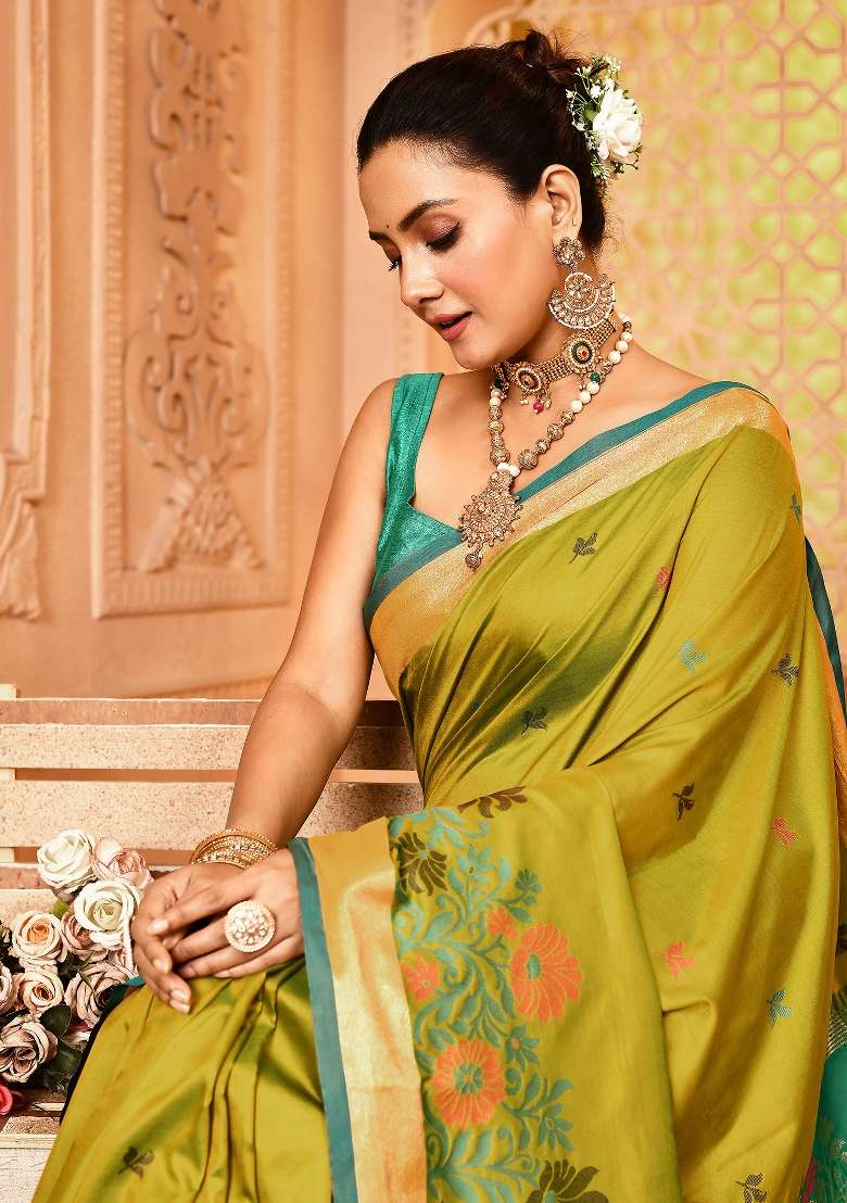 Light Green Embroidered Silk Blend Saree Set for Diwali and Festive Wear - Indya