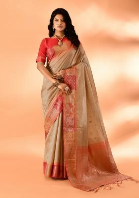 Dark Cream Embroidered Silk Saree Set
