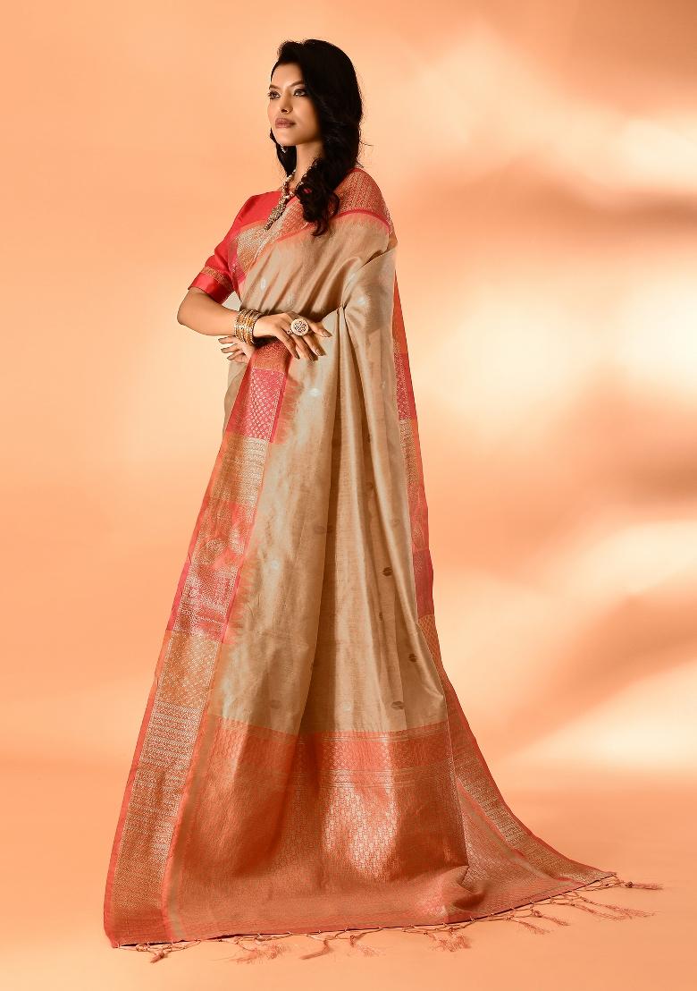 Dark Cream Embroidered Silk Saree Set - Indya