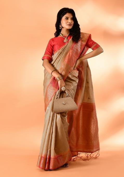 Dark Cream Embroidered Silk Saree Set