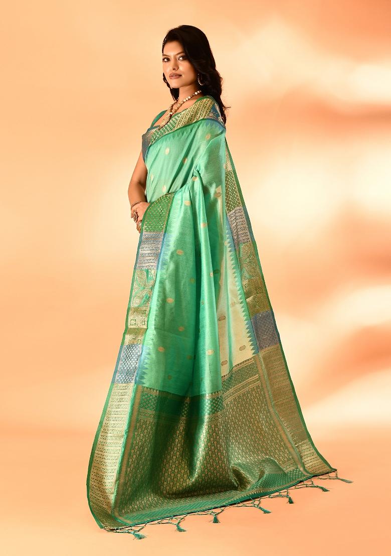 Sea Green Embroidered Silk Saree Set