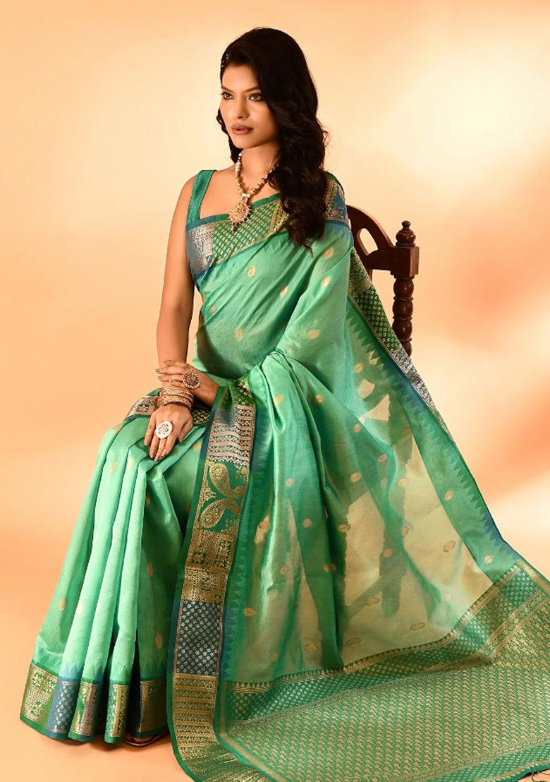 Sea Green Embroidered Silk Saree Set