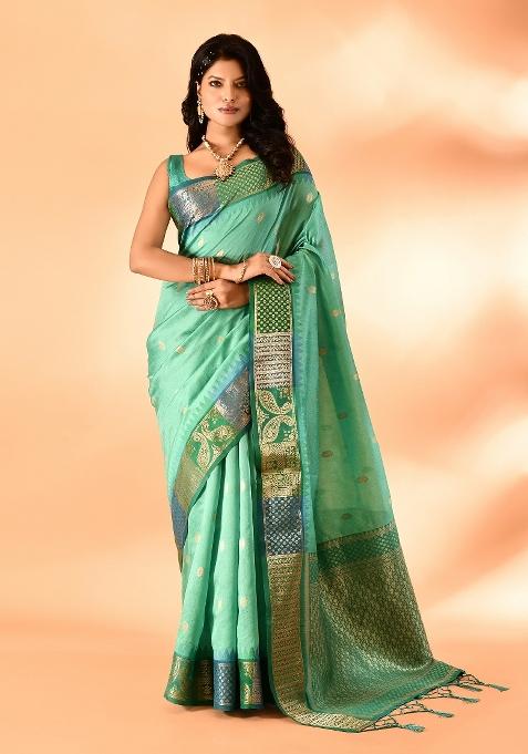 Sea Green Embroidered Silk Saree Set