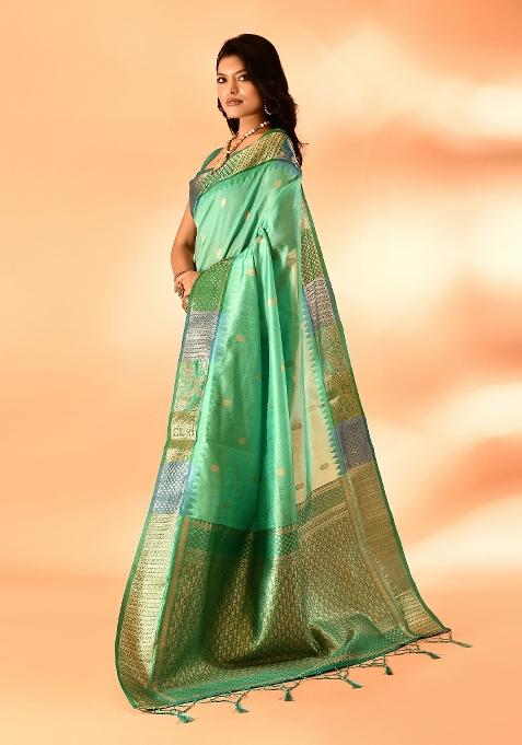 Sea Green Embroidered Silk Saree Set
