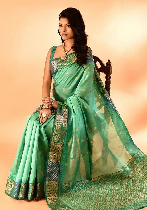 Sea Green Embroidered Silk Saree Set